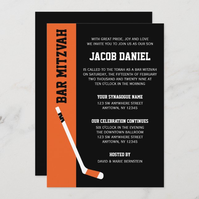 Orange Black Hockey Bar Mitzvah Invitation (Front/Back)