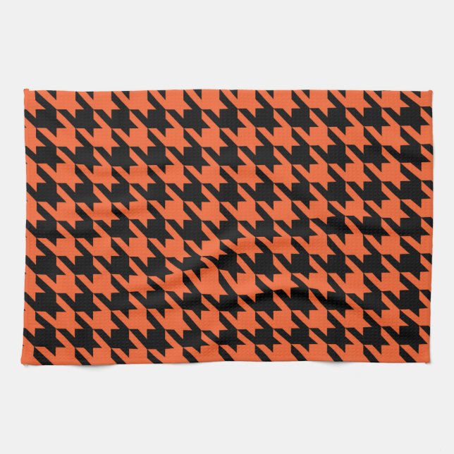 Orange Black Houndstooth Check Tea Towel (Horizontal)