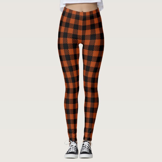 Orange Black Lumberjack Buffalo Plaid Pattern Leggings (Front)