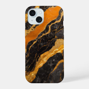 Orange Black Marble Pattern with Gold iPhone 15 Case