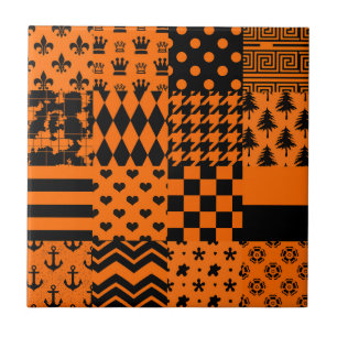Orange Black Mixed Patterns Patchwork Design Ceramic Tile