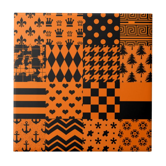Orange Black Mixed Patterns Patchwork Design  Ceramic Tile (Front)