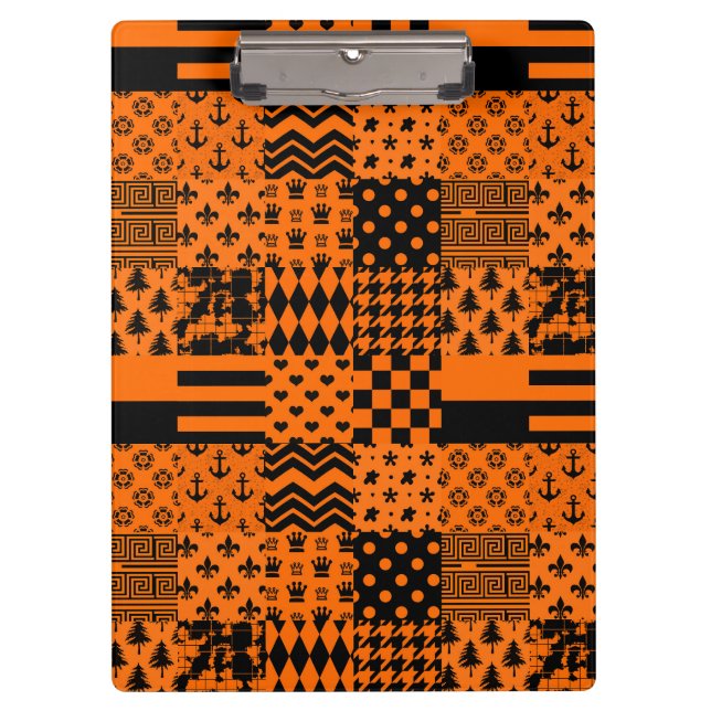 Orange Black Mixed Patterns Patchwork Design  Clipboard (Front)