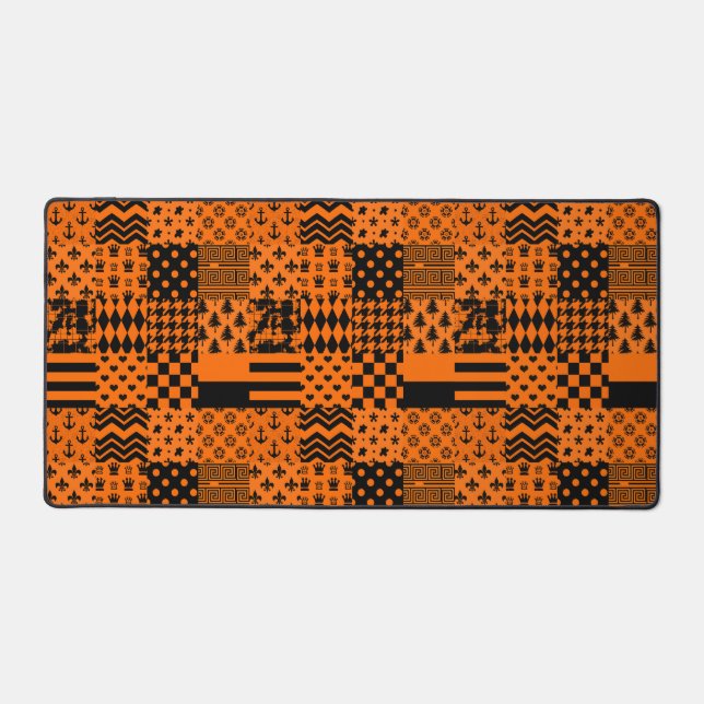Orange Black Mixed Patterns Patchwork Design  Desk Mat (Front)