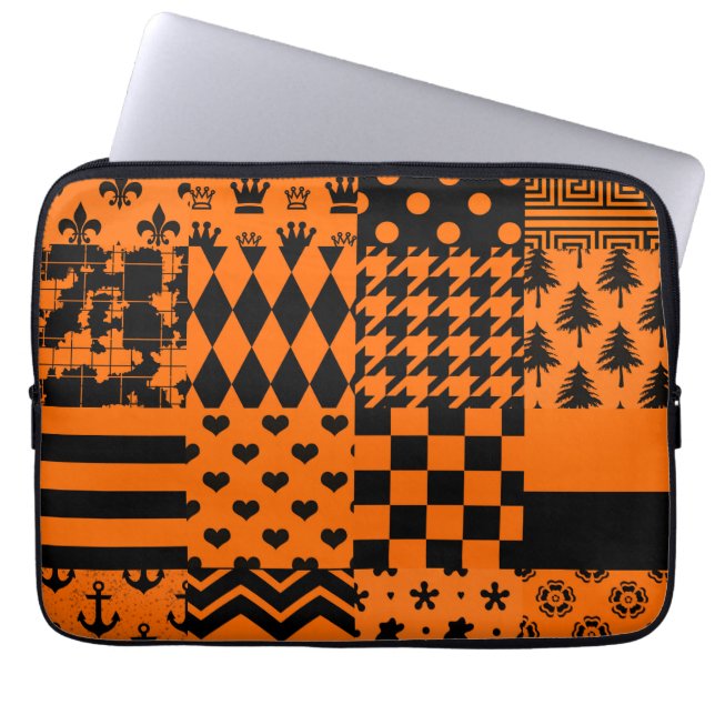 Orange Black Mixed Patterns Patchwork Design  Laptop Sleeve (Front)