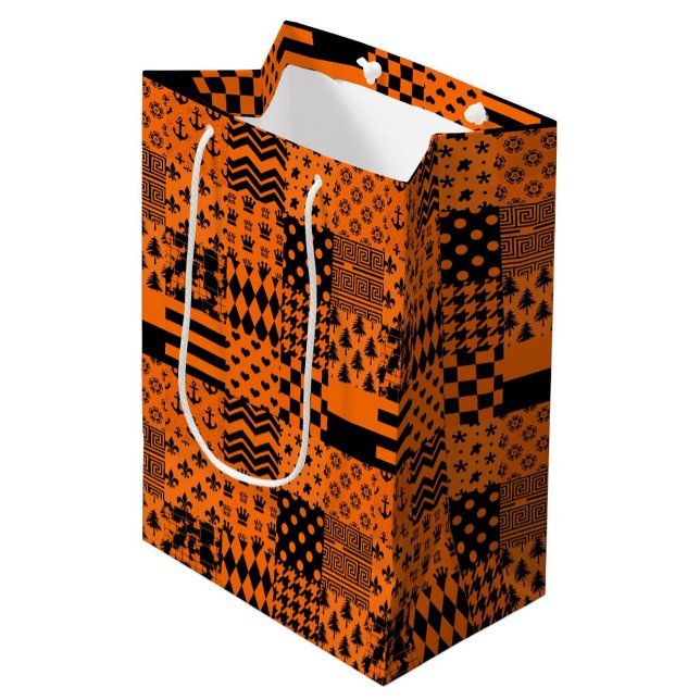 Orange Black Mixed Patterns Patchwork Design  Medium Gift Bag (Creator Uploaded)
