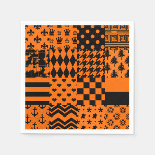 Orange Black Mixed Patterns Patchwork Design Napkin