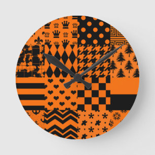 Orange Black Mixed Patterns Patchwork Design Round Clock