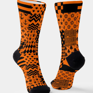 Orange Black Mixed Patterns Patchwork Design Socks
