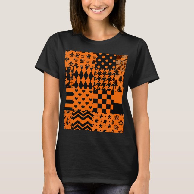 Orange Black Mixed Patterns Patchwork Design  T-Shirt (Front)