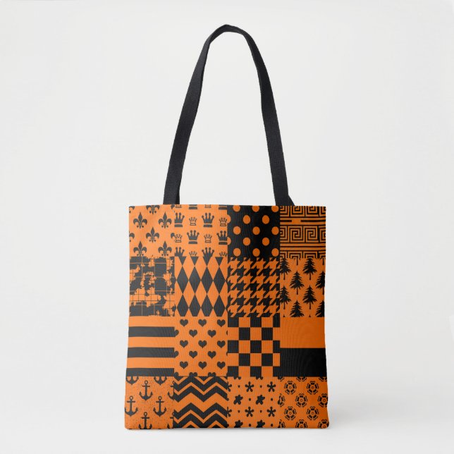 Orange Black Mixed Patterns Patchwork Design  Tote Bag (Front)
