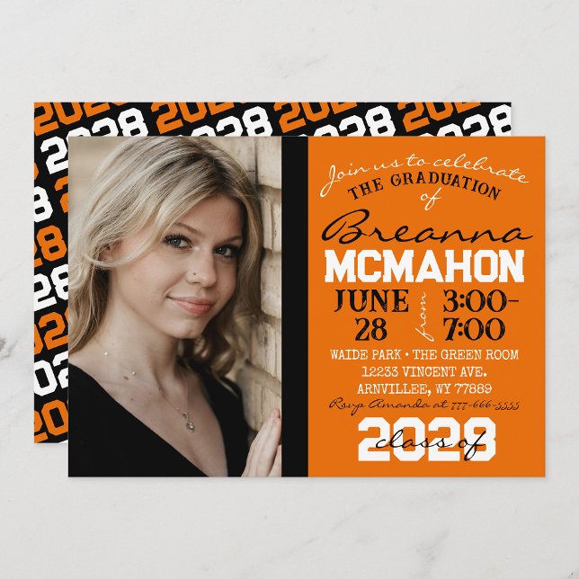 Orange & Black Modern Graduation Photo Invitation (Repeating Class Year 1 Photo Graduation Invitation - Repeating Class of ANY YEAR Backside)