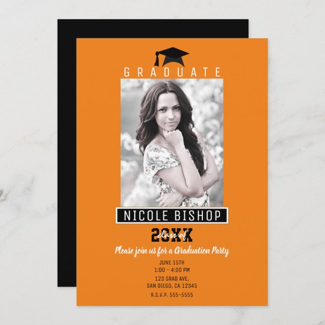 Orange & Black Modern Graduation Photo Party Invitation (Front/Back)