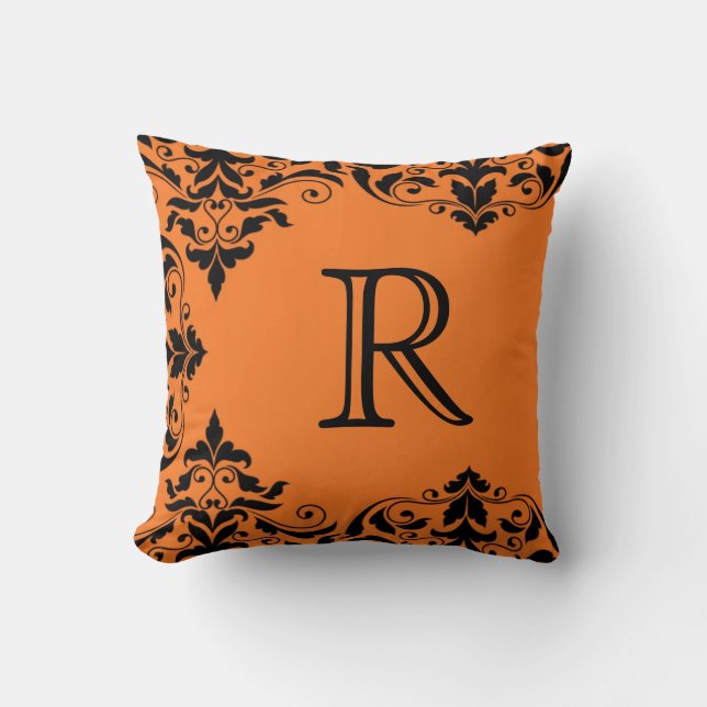 Orange & Black Monogram Damask Pillow (Front)