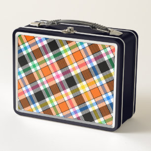 Orange Black Multicolour Flannel Plaid Tartan Metal Lunch Box