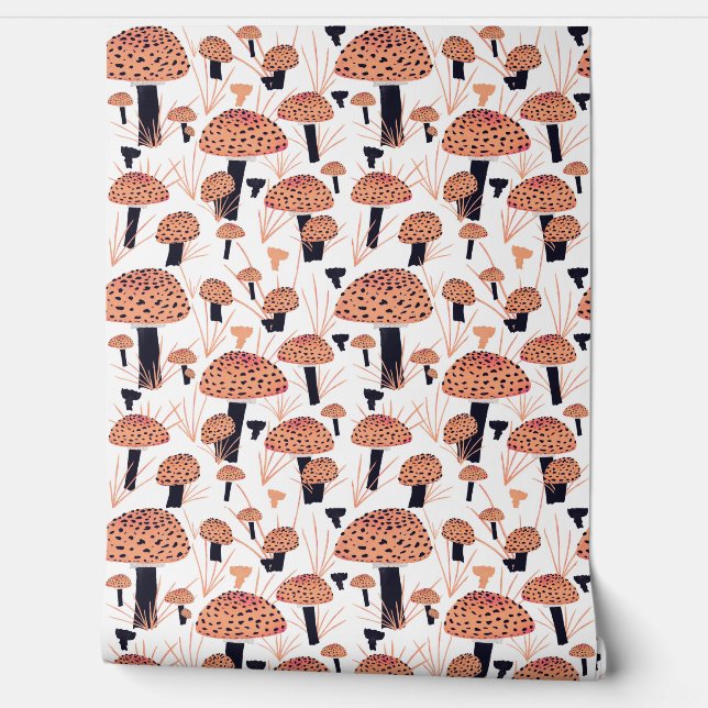 Orange Black Mushroom Hand Drawn Pattern Wallpaper (Unrolling)