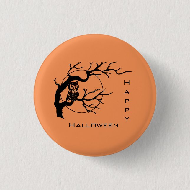 Orange & Black Owl Halloween Pin Button (Front)