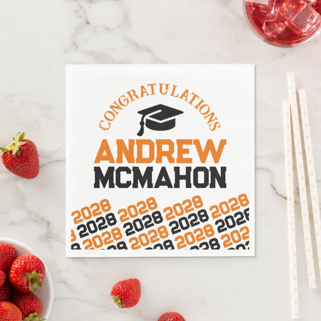 Orange & Black Personalised Graduation Party Paper Napkin (Insitu)