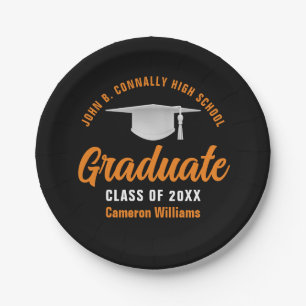 Orange Black Personalised Graduation Party Paper Plate