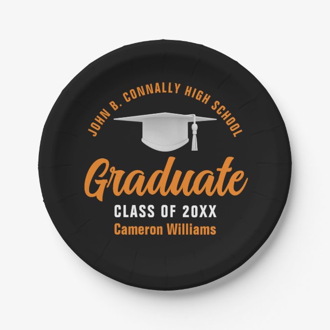 Orange Black Personalised Graduation Party Paper Plate (Front)