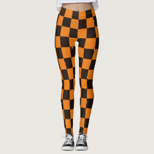 Orange & Black Plaid Halloween Leggings With Stars