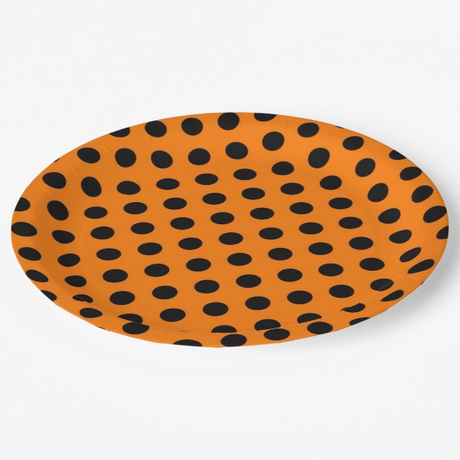 Orange Black polka dot party paper plate (Angled)