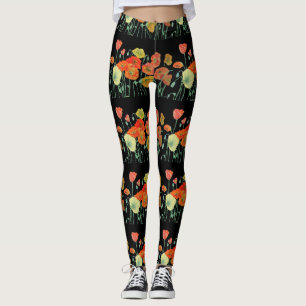 Orange & Black Poppy Poppies Floral Art Leggings