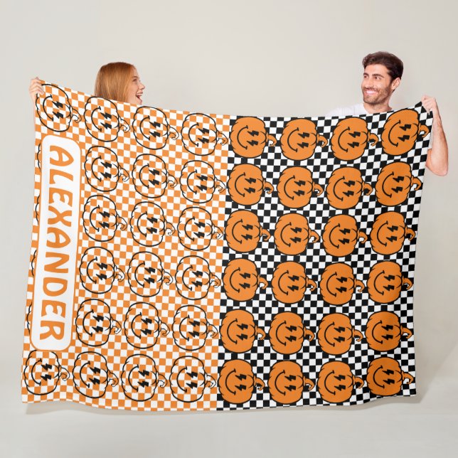 Orange Black Retro Rad Pumpkin Chequered Halloween Fleece Blanket (In Situ)