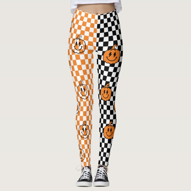 Orange Black Retro Rad Pumpkin Chequered Halloween Leggings (Front)