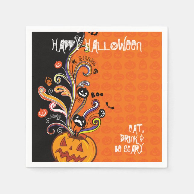 Orange Black Scary Pumpkin Halloween Party  Napkin (Front)