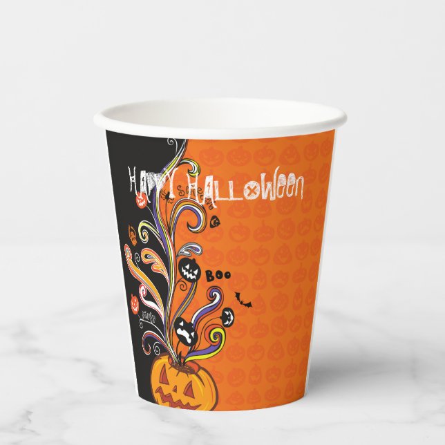 Orange Black Scary Pumpkin Halloween Party Paper C Cups (Front)