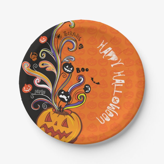 Orange Black Scary Pumpkin Halloween Party Paper Plate (Front)
