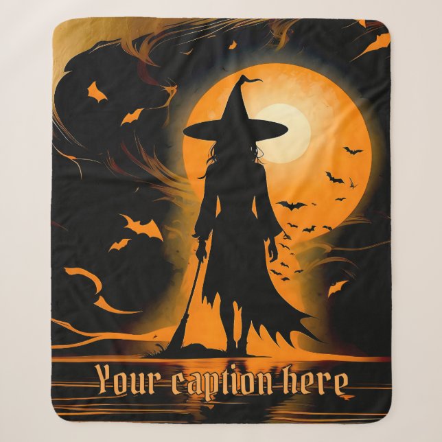 Orange, black, silhouette witch, custom caption sherpa blanket (Front)