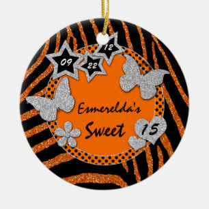 Orange Black Silver Zebra Sweet 15 Photo Ornament