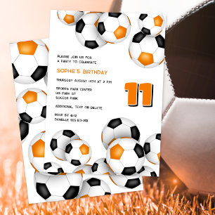 orange black soccer balls girls boys birthday invitation