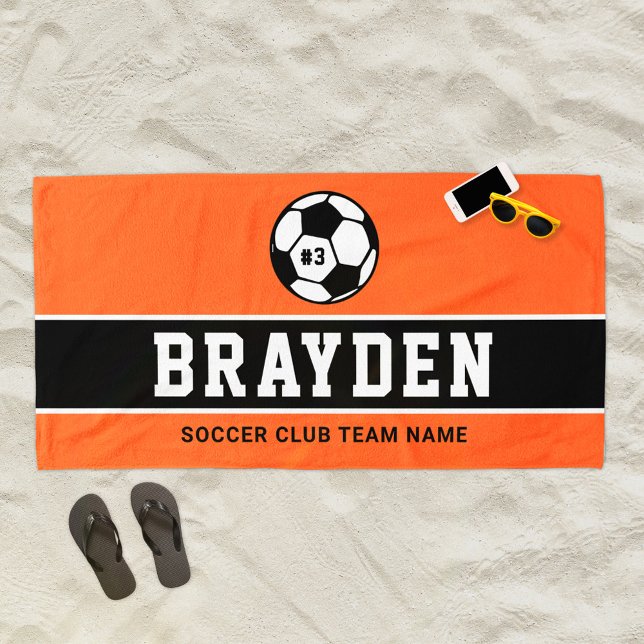 Orange Black Soccer Player Custom Name Beach Towel (Creator Uploaded)