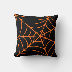 Orange Black Spider Web Print Spooky Halloween Cushion