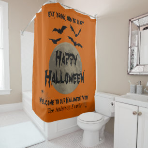 Orange Black Spooky Moon Spider Happy Halloween Shower Curtain