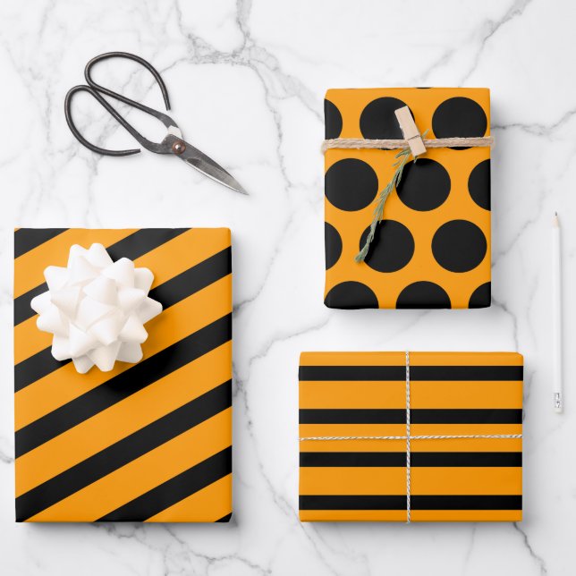 Orange Black Striped Polka Dot Halloween Wrapping Paper Sheet (Front)