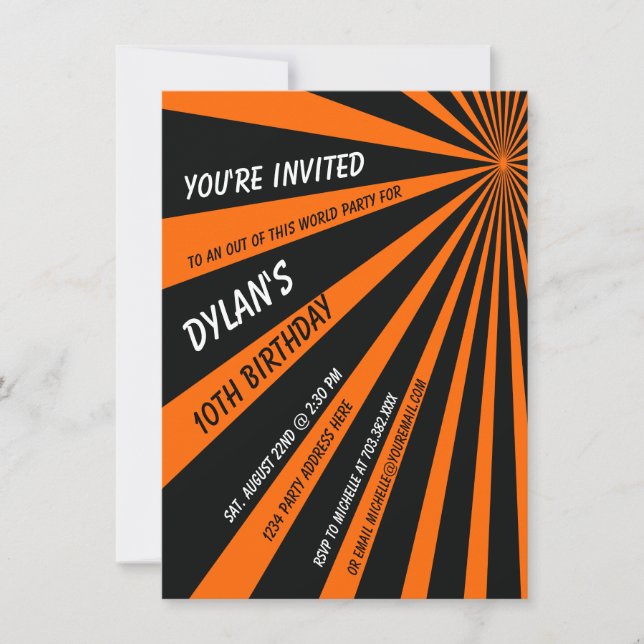 Orange Black Sun Beams Birthday Party Invitation (Front)
