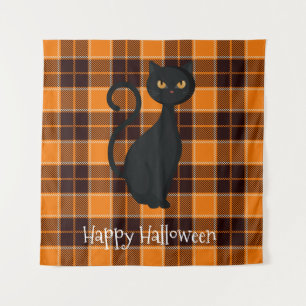 Orange Black Tartan Plaid Black Cat Halloween Tapestry