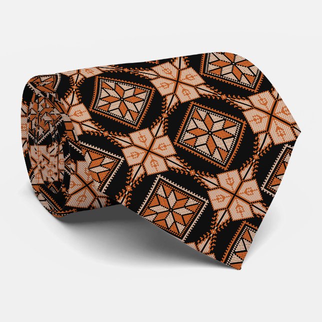 Orange & Black Tatreez Henna Thobe Print Pattern Tie (Rolled)