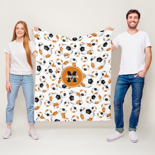 orange black team colours boys girls soccer fleece blanket (In Situ)