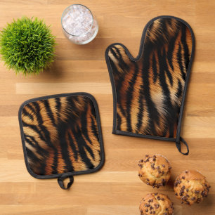 Orange Black Tiger Stripes Animal Print Oven Mitt & Pot Holder Set