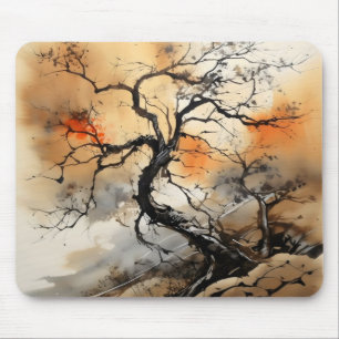 Orange Black Tree Ink Painting Mouse Pad