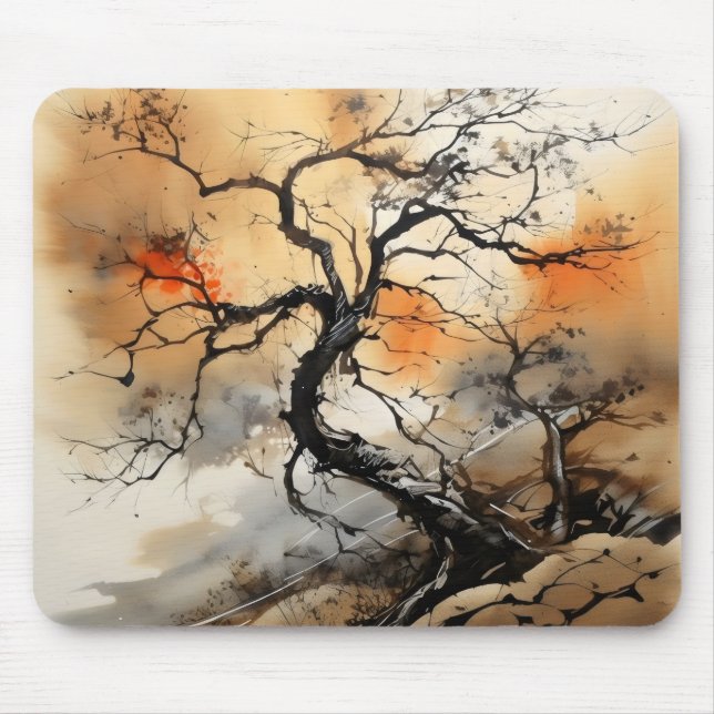 Orange Black Tree Ink Painting Mouse Pad (Front)