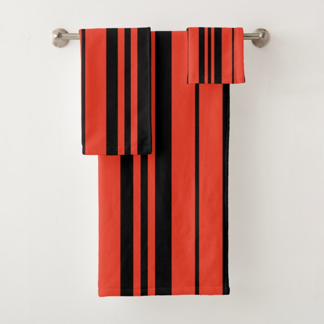 Orange Black Vertical Stripes Pattern Bath Towel Set (Insitu)