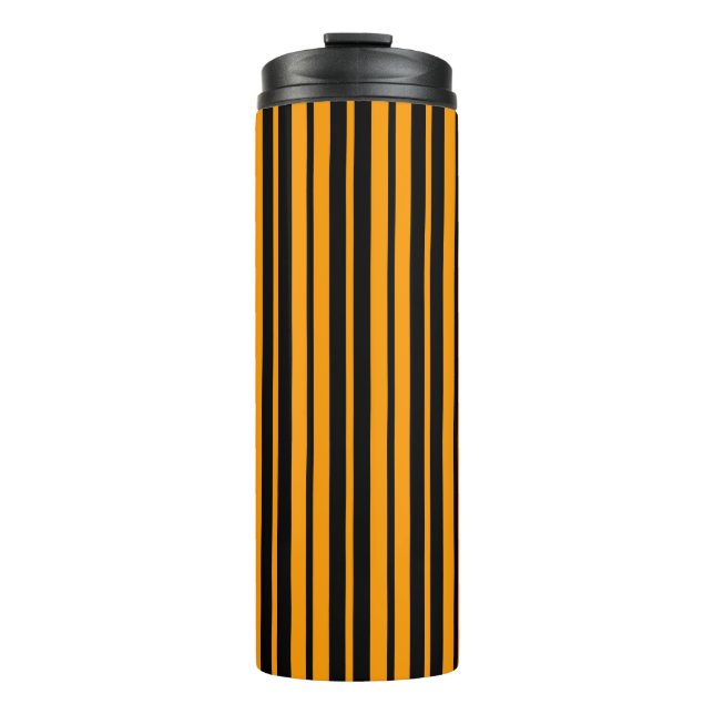 Orange Black Vertical Stripes Pattern Design Thermal Tumbler (Front)