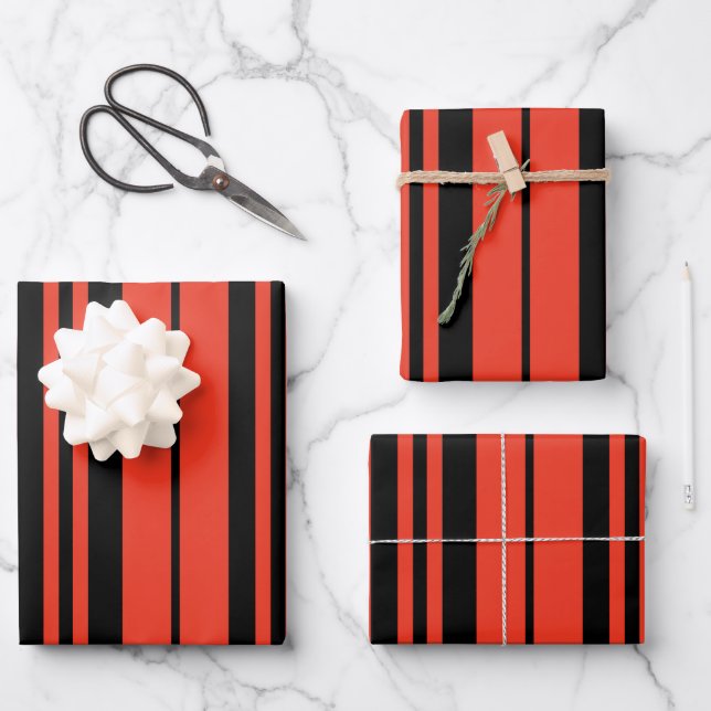 Orange Black Vertical Stripes Pattern Wrapping Paper Sheet (Front)