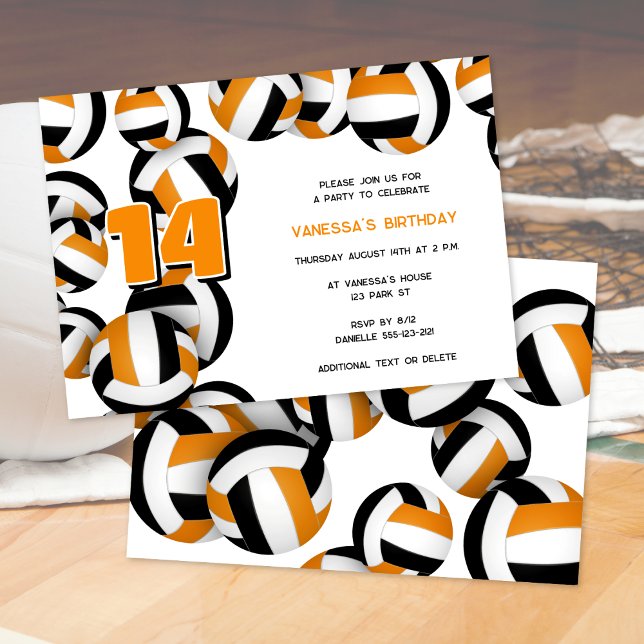 orange black volleyball girls boys birthday party invitation (front & back views)